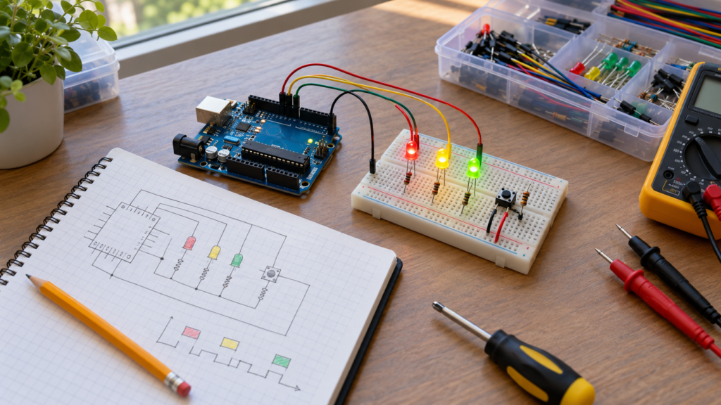 Arduino Uno beginner traffic light project on a breadboard