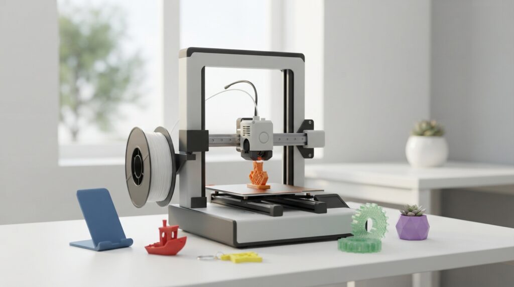 Beginner 3D printer on a home desk with colourful sample prints