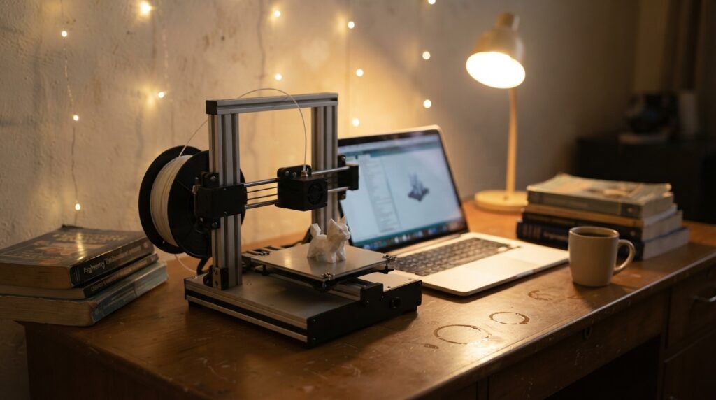 Compact 3D printer on a student study desk