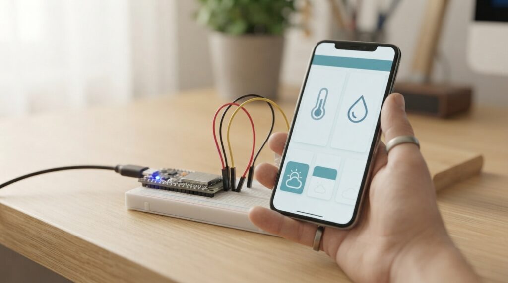 ESP32 weather dashboard open on a smartphone