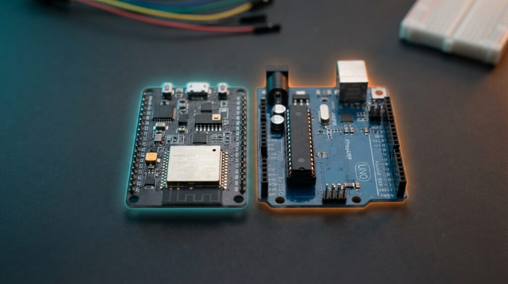ESP32 vs Arduino Uno: Which Board Should You Choose? (2026) ESP32 and Arduino Uno development boards side by side