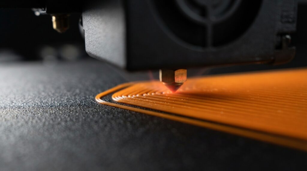 3D printer nozzle printing the first layer on a PEI build plate