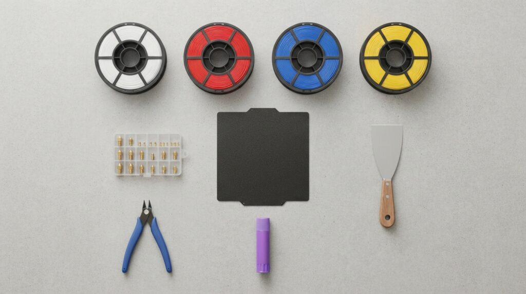 3D printing filament spools, spare nozzles and build plate